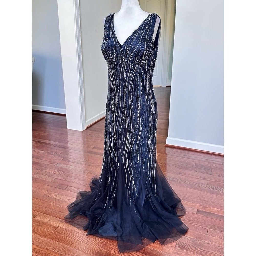Luxury Pronovias Navy Blue Beaded Embellished Plunge Open Low Back Gown Dress - Picture 3 of 12